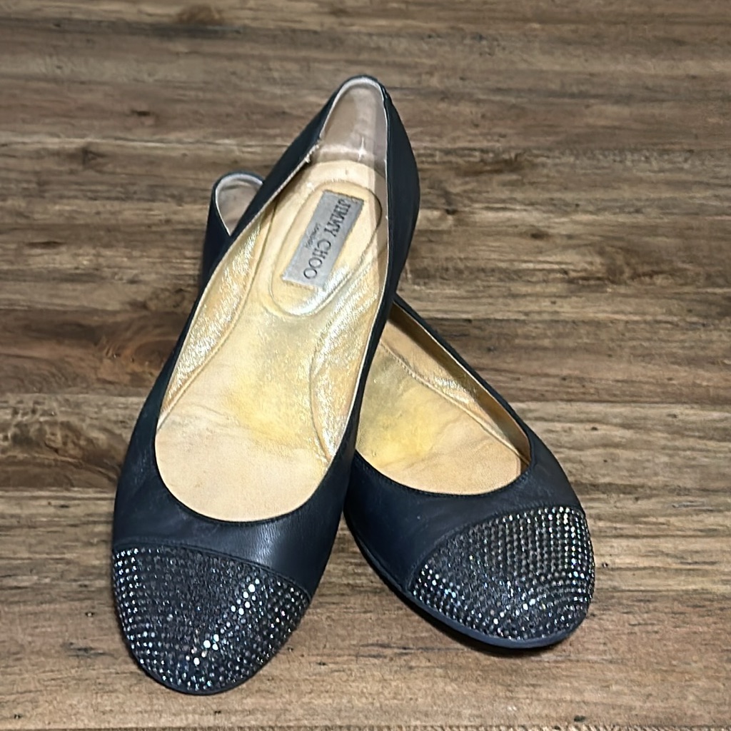Jimmy Choo Designer Wrena Crystal-Toe Ballerina Flat Shoe, Black/Anthracite 9.5